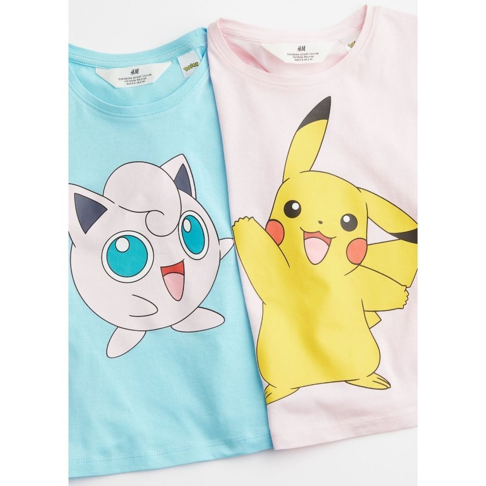 H&M Girls Pokemon Pikachu & Jigglypuff Blue & Pink T-shirt Set of 2 NEW Rare
